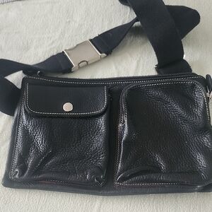 ROOTS Black Leather Waist Bag with Dual Front Pockets